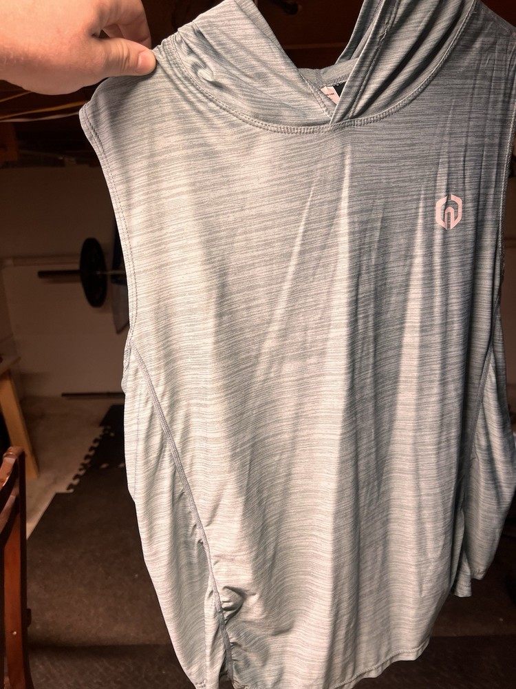 Neleus Men's XL Blue/Green Heather Hooded Sleeveless Pullover Logo Tank Top