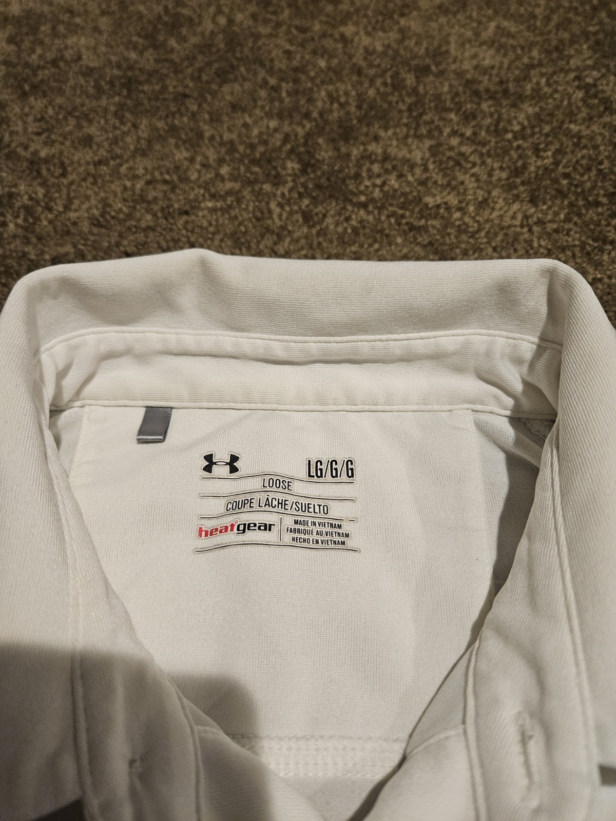 Under Armour Gray White Blue Striped Heat Gear Golf Polo Button Shirt Mens Large gallery