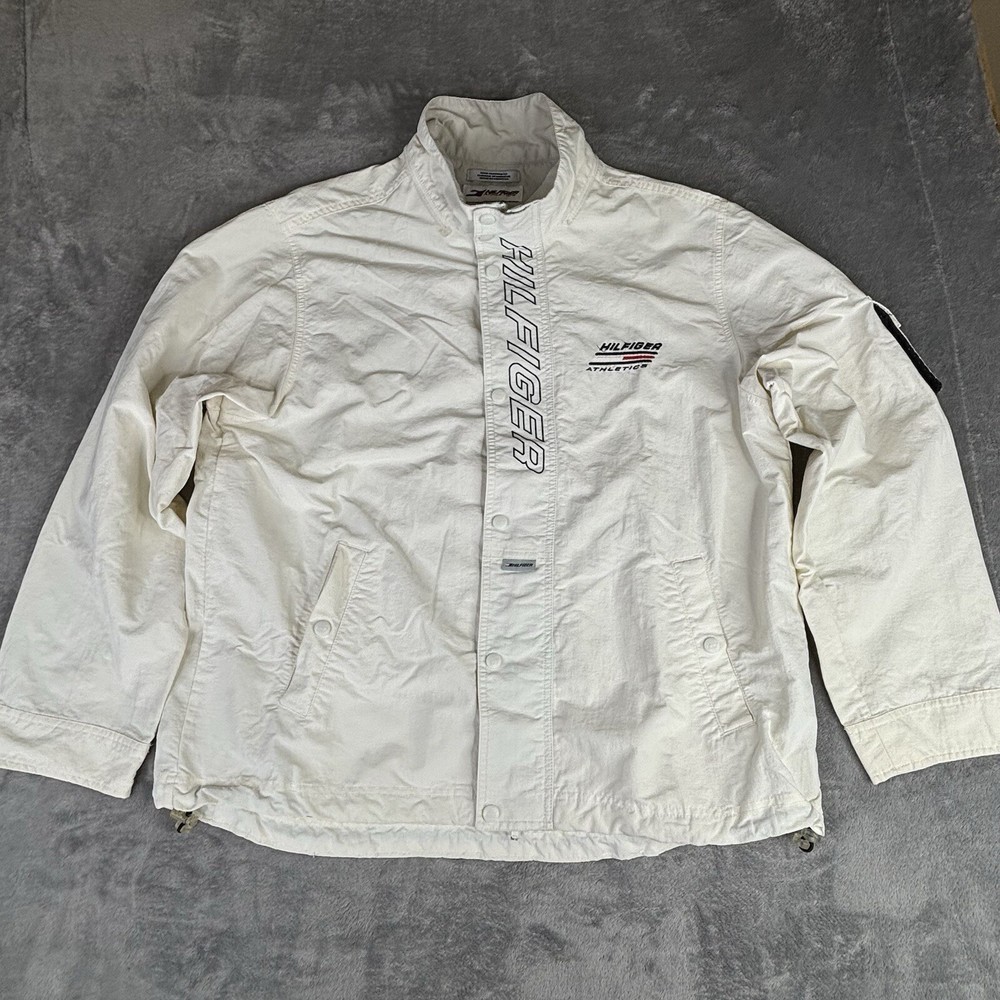 Vintage Tommy Hilfiger Athletics Jacket Mens Large White Full Zip Flag Logo