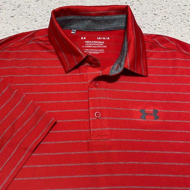 Under Armour Mens Large Polo Golf Shirt Red Striped Short Sleeve The Playoff gallery