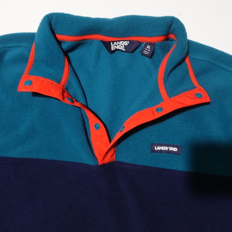 Lands' End Fleece Pullover Jacket Soft Teal Navy Orange Snap Closure Men's XL gallery