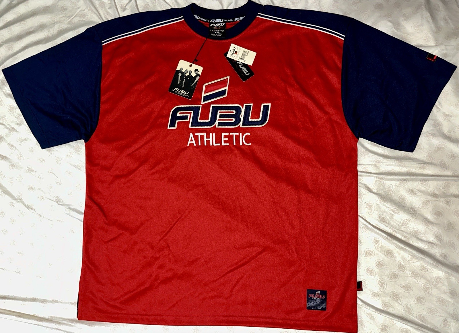 VTG FUBU The Collection Jersey XXL Deadstock NWT Satin Tackle Twill Red Navy Y2K gallery