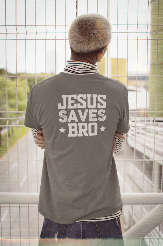 Bella & Canvas Short Sleeve Tee "Jesus Saves Bro" white graphic printed on back gallery