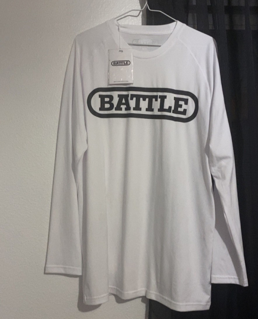 Battle Sports white performance long sleeve shirt with large black logo graphic gallery