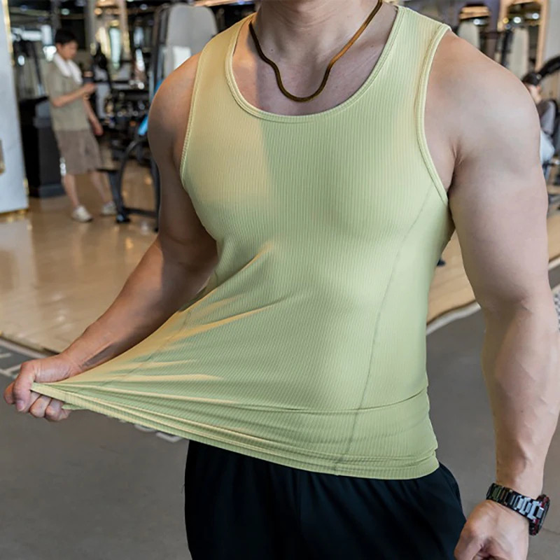 Men's Vest Elasticity Stripe Round Neck Over Sized Sleeveless T-Shirt Gym Sports gallery