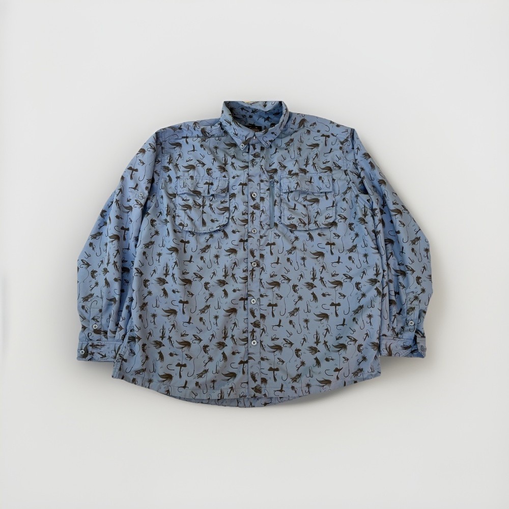 Fly Fishing Shirt Mens XL Blue Long Sleeve Fly Lure Print Vented Guide Gear