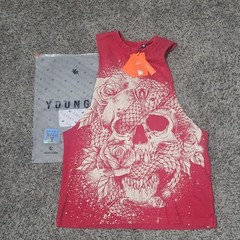 YoungLA 3028 Red Wash Skull Snake Rose Graphic Tank Top Crew Neck S