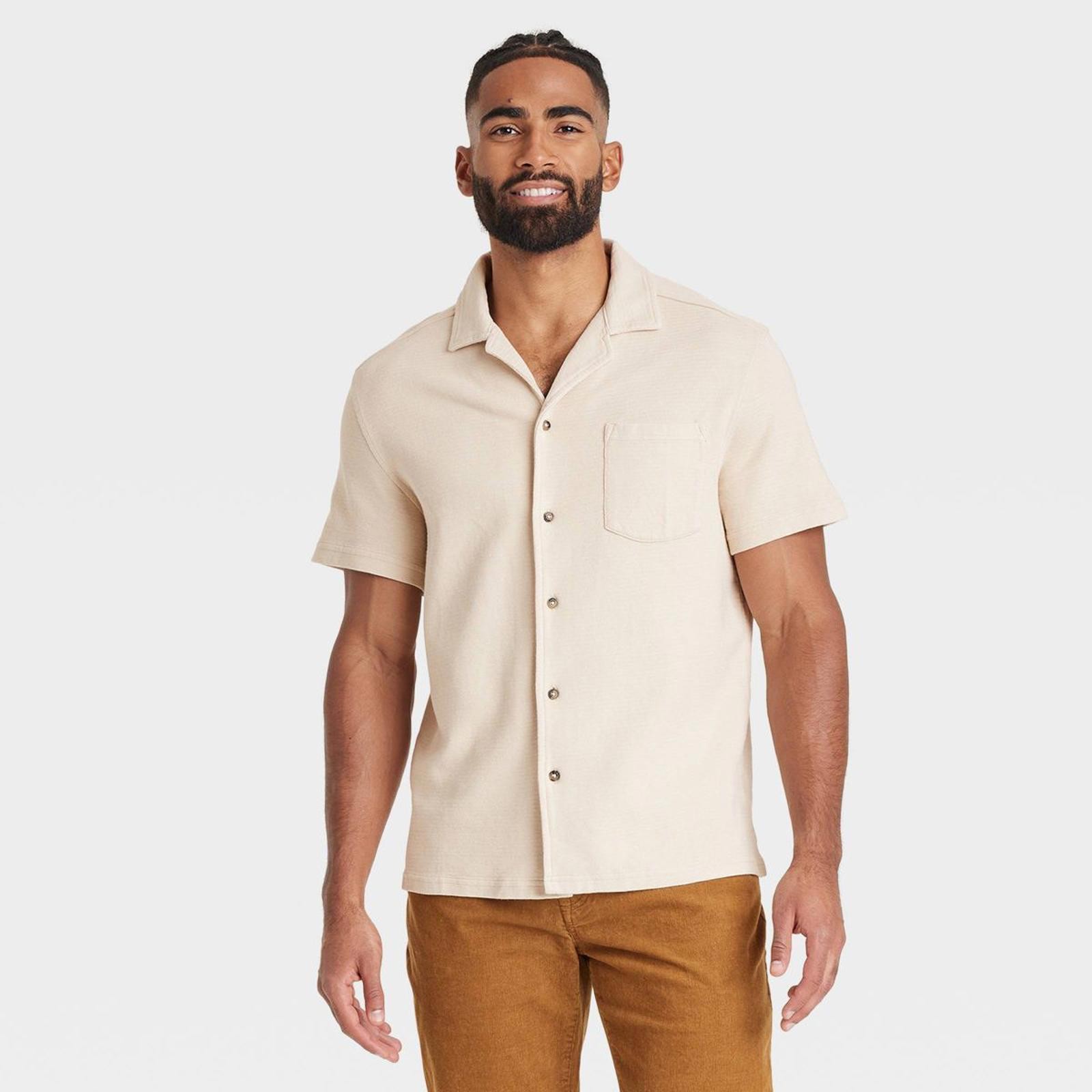 Men's Short Sleeve Knit Button-Down Shirt - Light Beige-Medium gallery