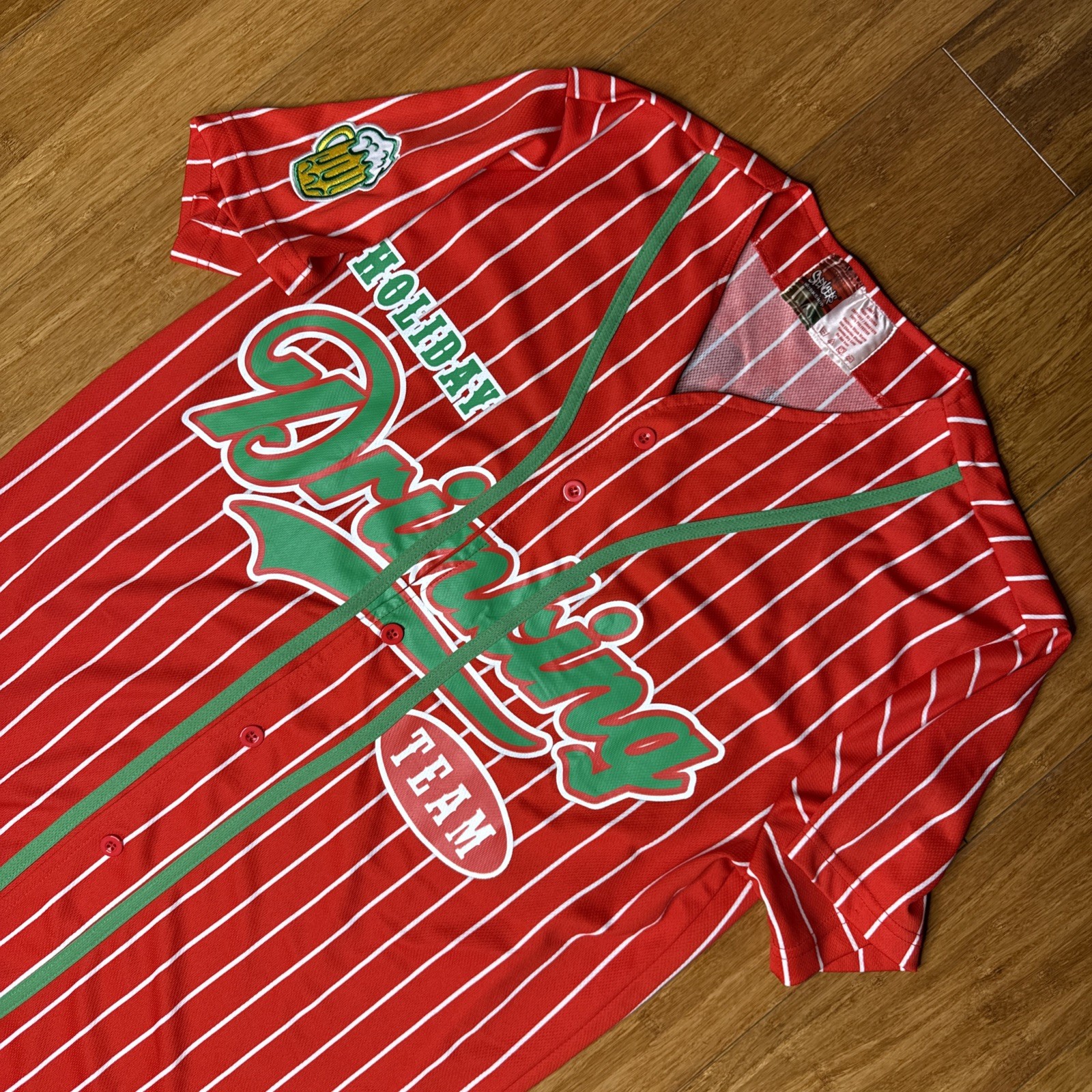 Spencers Workshop Baseball Jersey Red Holiday Drinking Team Christmas Mens Med gallery