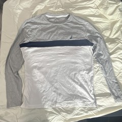 Nautica Performance Tee Men’s S Gray White Blue Colorblock Long Sleeve Stretch