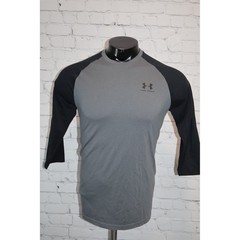 Under Armour Baseball Shirt Mens Medium Gray Black Raglan 3/4 Sleeve HeatGear
