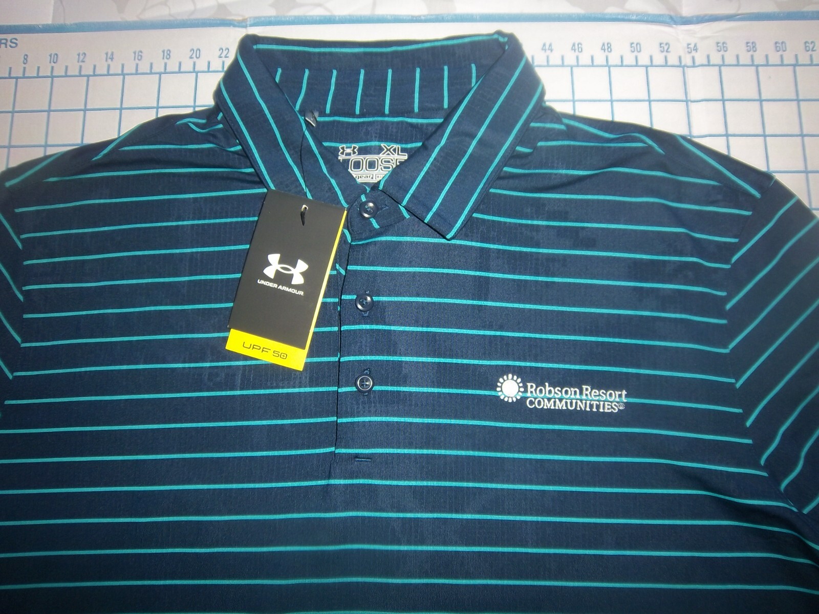 MENS XLARGE BLUE/TEAL STRIPES UNDER ARMOUR ROBSON COMMUNITIES POLO SHIRT - NWT gallery