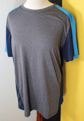 MTA Sport Mens Shirt Large Multi Medium Stripe Polyester Stretch Gray Blue