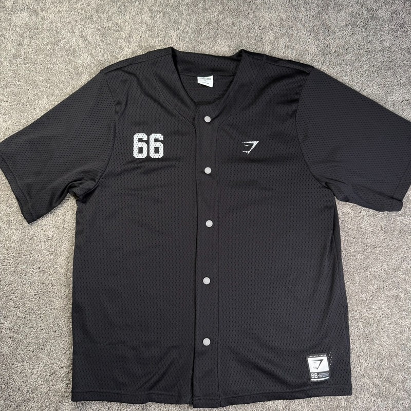 GYMSHARK 'Mesh Oversized Varsity Baseball Jersey' Men's Snap-Front Black XL gallery