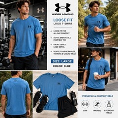 Under Armour Shirt Men’s Large Blue Loose Fit Athletic Gym Training Logo Workout