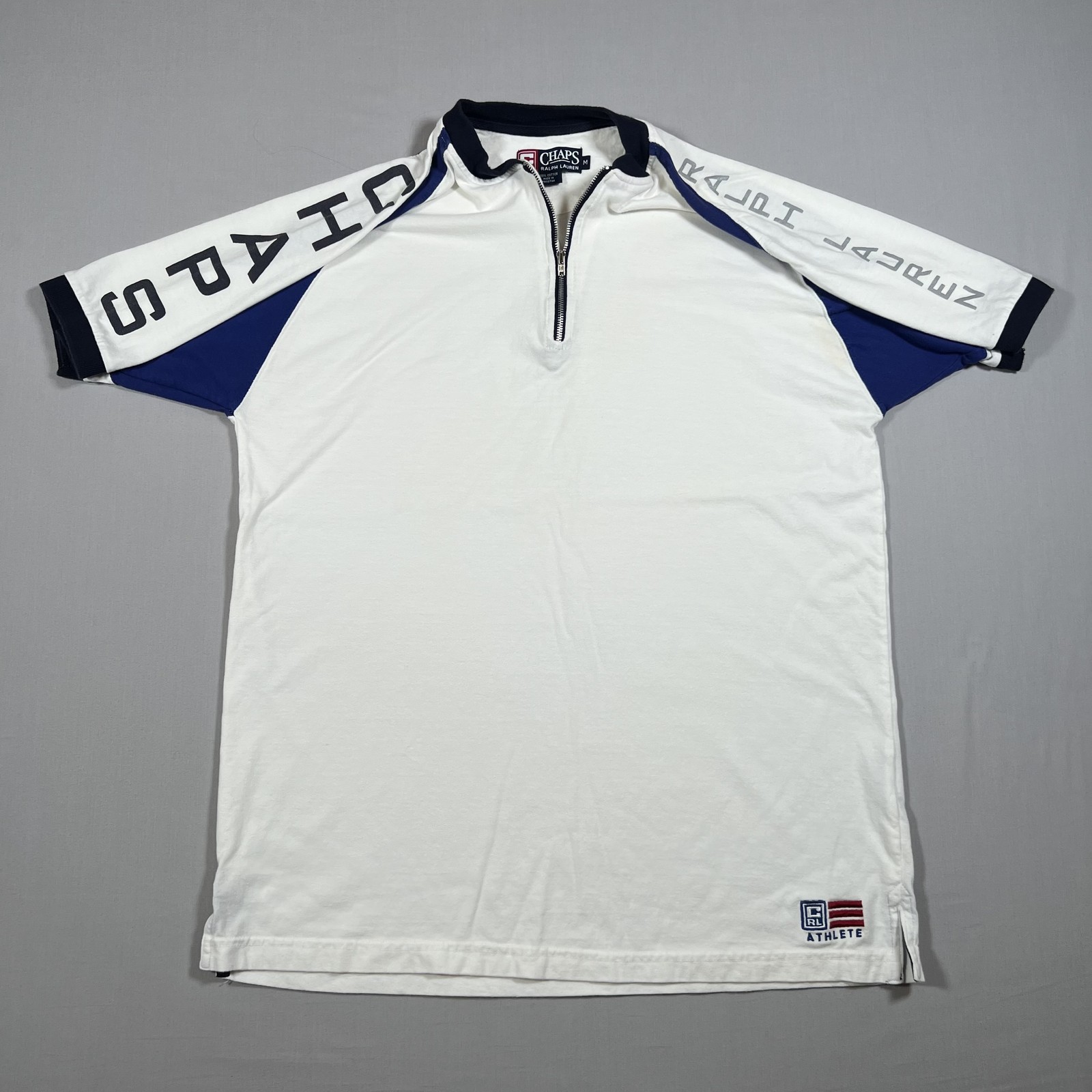 Chaps Ralph Lauren Athlete Shirt 1/4 Zip Spellout Sleeve M White Blue 90s Y2K gallery