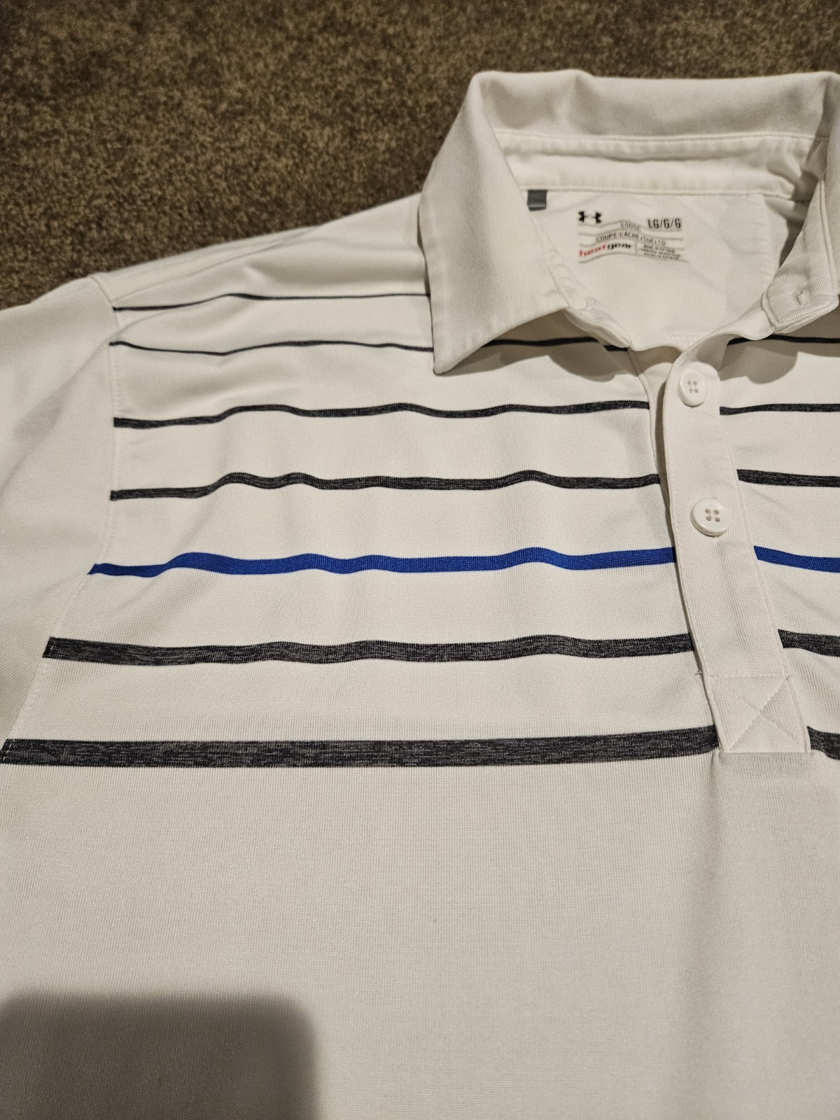 Under Armour Gray White Blue Striped Heat Gear Golf Polo Button Shirt Mens Large gallery