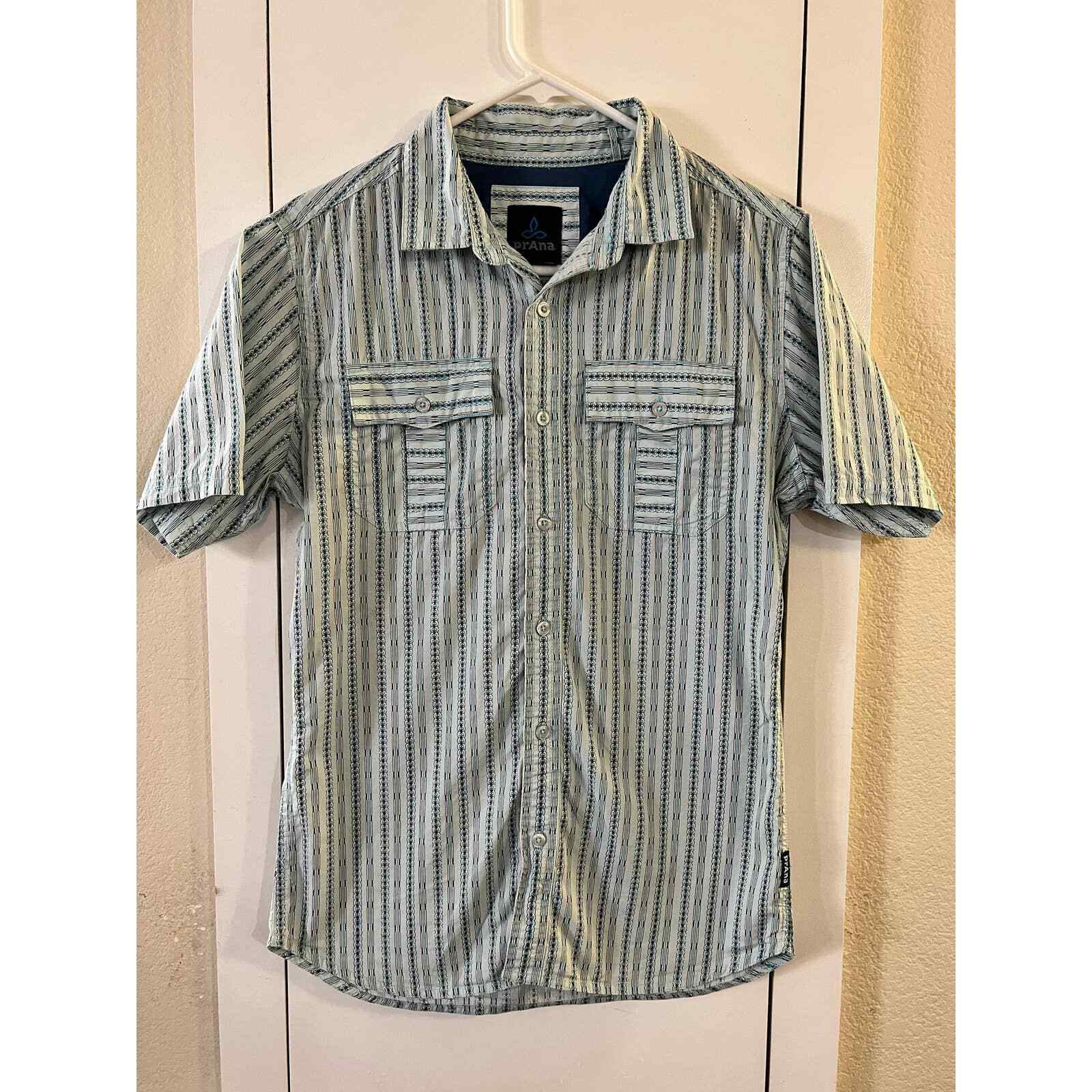 Prana Men’s Striped Casual Button Up Short Sleeve Shirt Small Classic Active gallery
