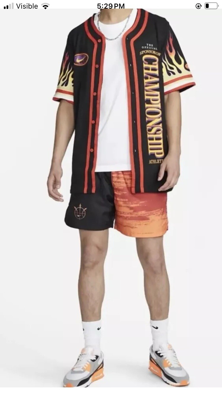 Nike Americana Top Flames Button Shirt Black Orange Sz Small DV9642-010 gallery