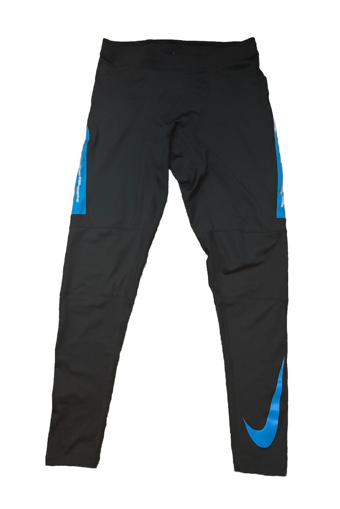 Nike DriFit Black & Cool Blue Reflective Running Compression Tights Medium READ