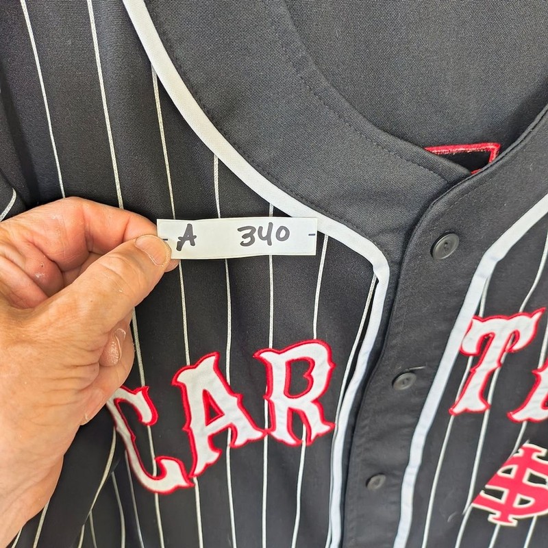 Men's XL Black and White Striped Baseball Jersey W/ Cartel Logo gallery
