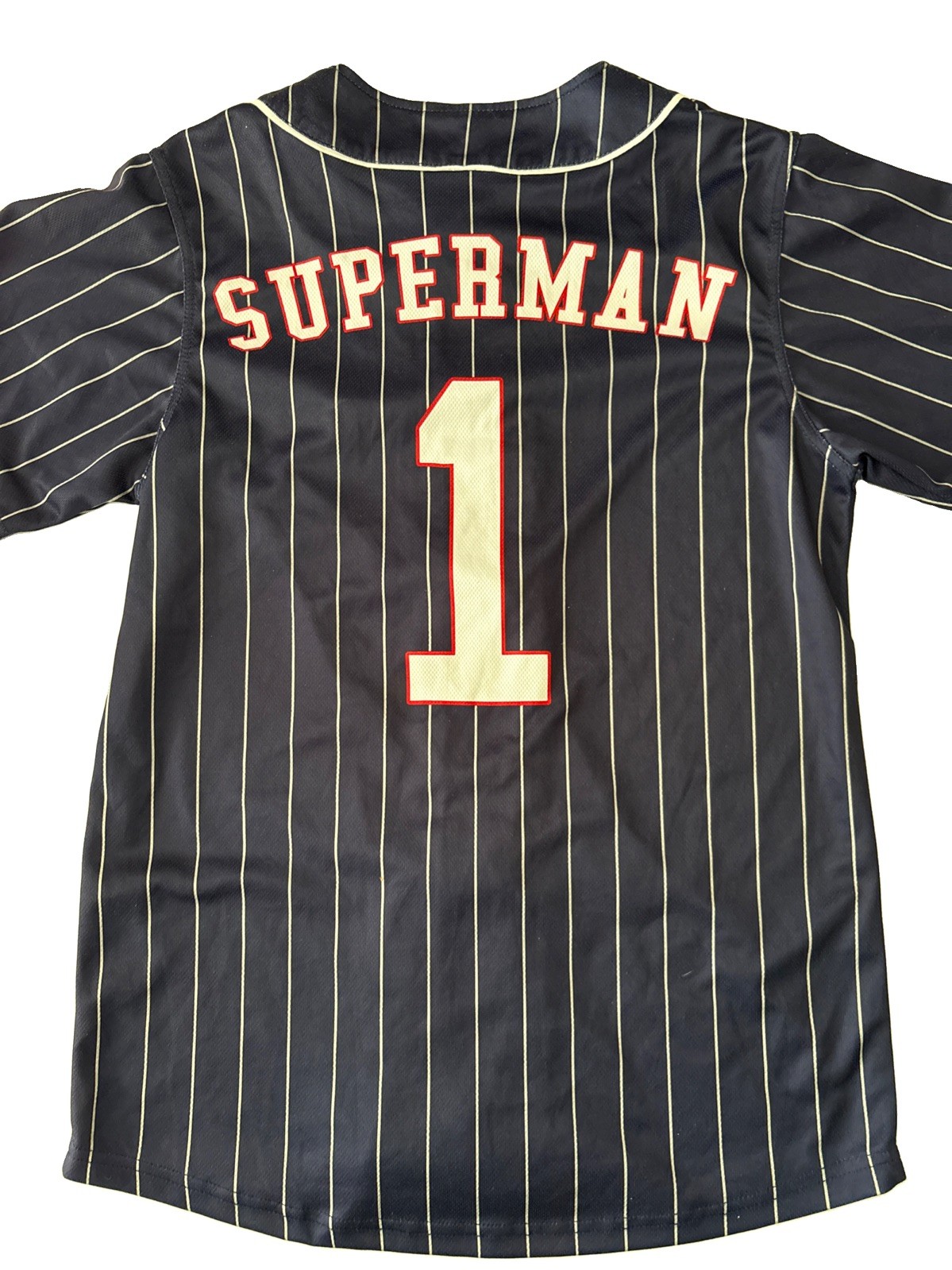 Superman Baseball Jersey Size Medium 2 Sided Navy And White Pinstriped gallery