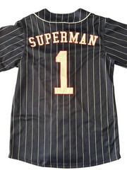 Superman Baseball Jersey Size Medium 2 Sided Navy And White Pinstriped