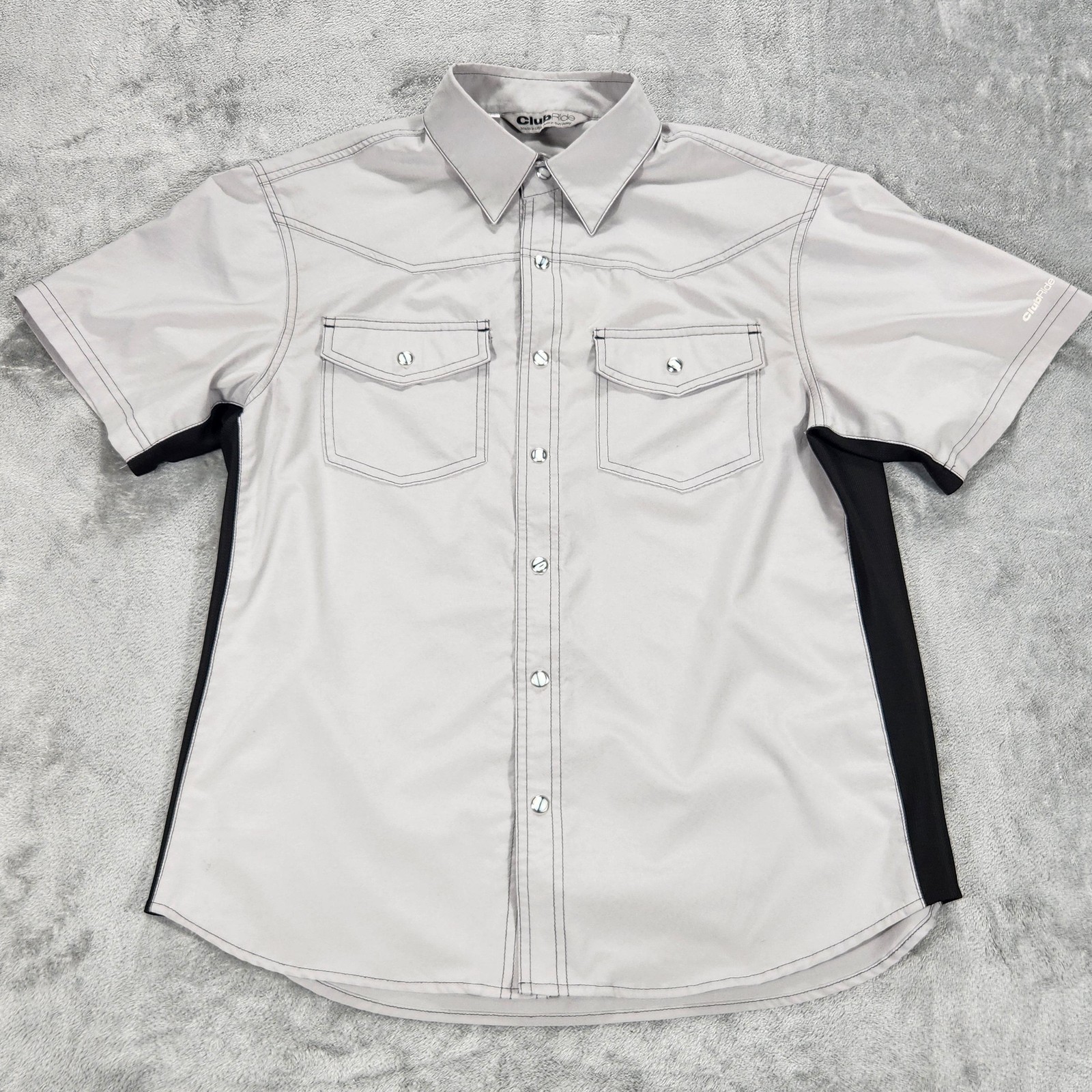 Club Ride Shirt Mens Medium Gray Short Sleeve Cycling Snap Front Performance gallery