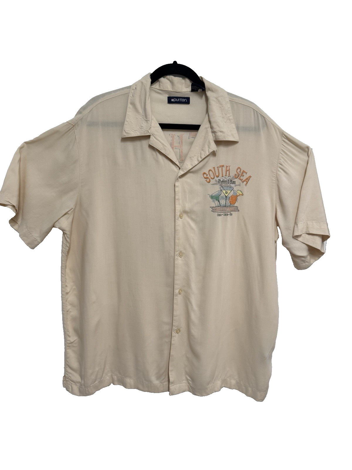 VTG South Sea Rhythm Blues Beach Button Shirt XL Cocktails Aloha Tiki gallery