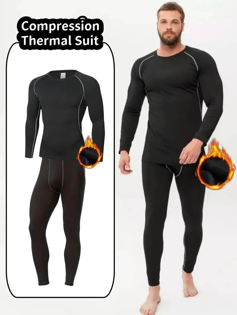 Men's Fleece-Lined Thermal Compression Sports Set - Long Sleeve Crew Neck Size L gallery