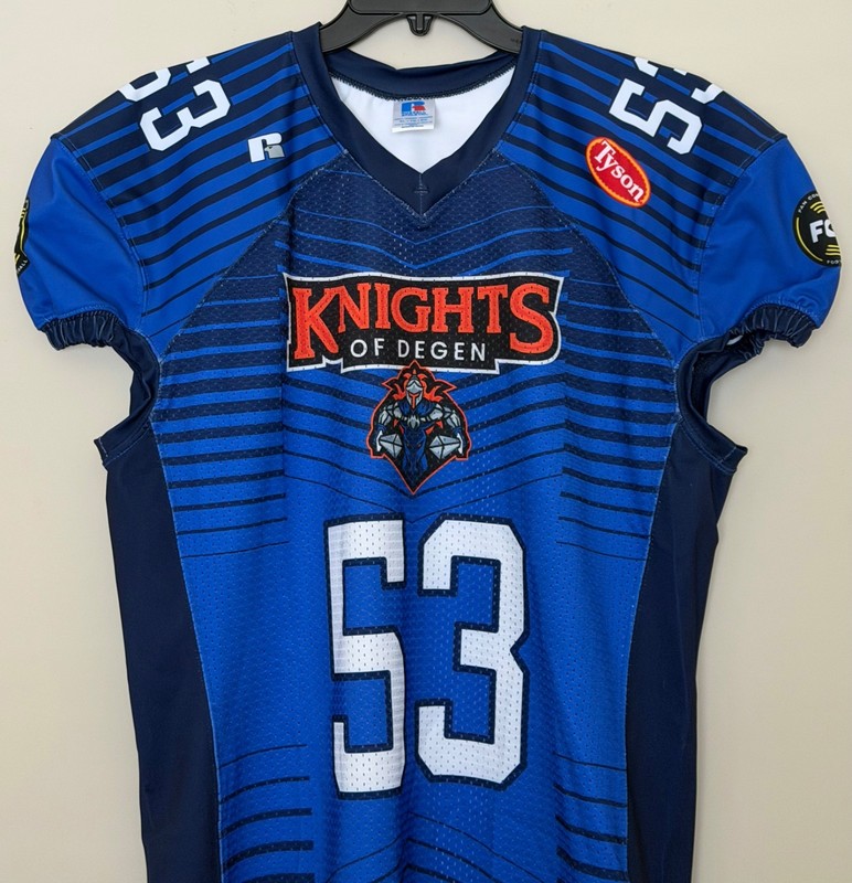 NWOT Fan Controlled Football Game Jersey Men’s Size XL Knights of Degen #53 Blue gallery