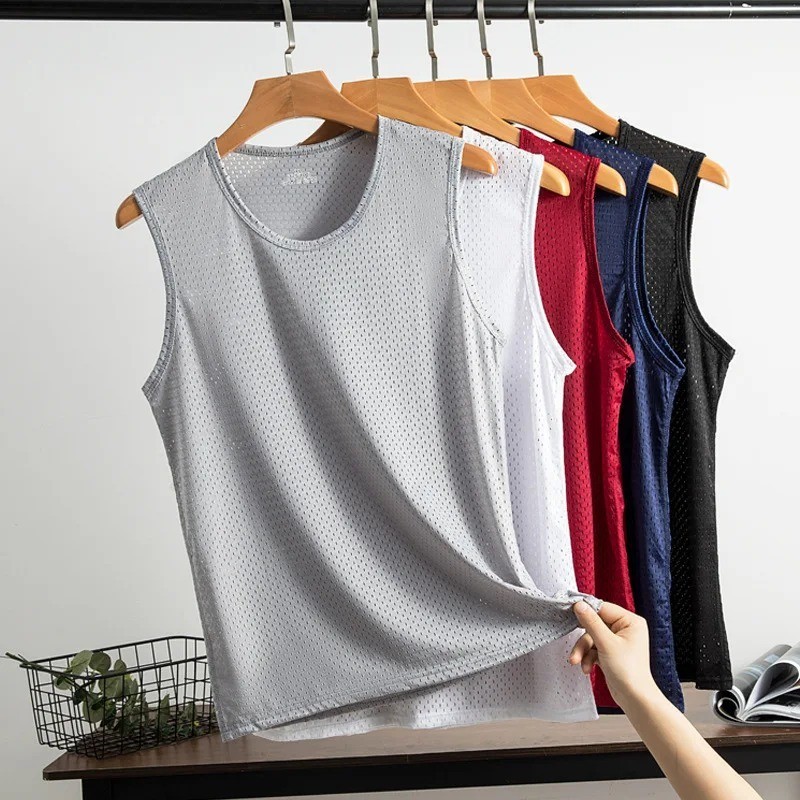 Men's Ice Silk Mesh TOP TANKS Gym Stringer Transparent Bodybuilding.. gallery