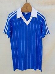Vintage JUAN CASABELLA 70s Football Shirt Mens Small Blue White Stripes acrylic