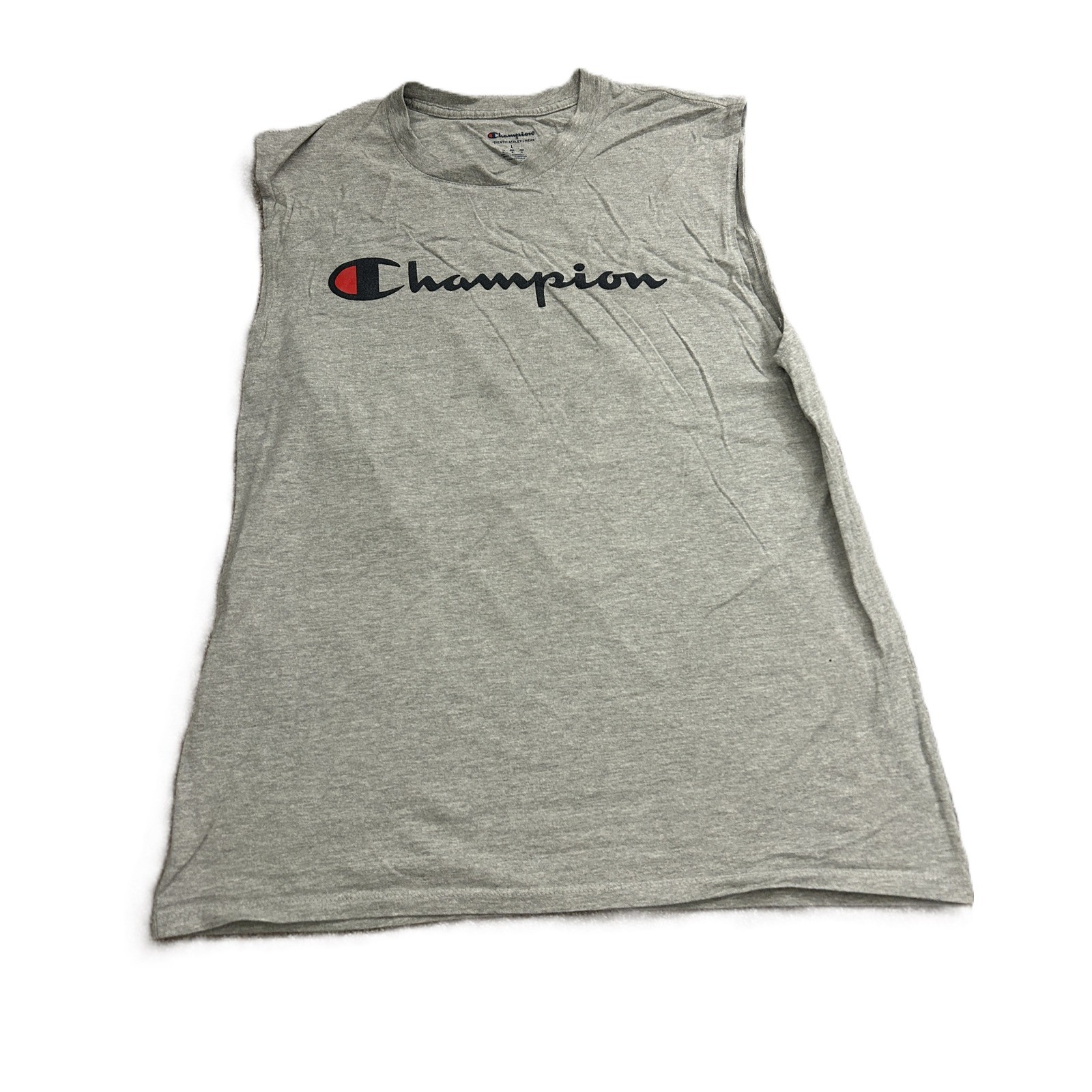 Champion Muscle Tee Mens Large Gray Excellent Sleeveless Script Logo Shirt gallery