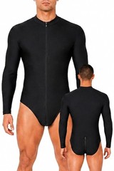 Mens bodysuit black long sleeves collar approx. 100 cm long front zip stretch shiny