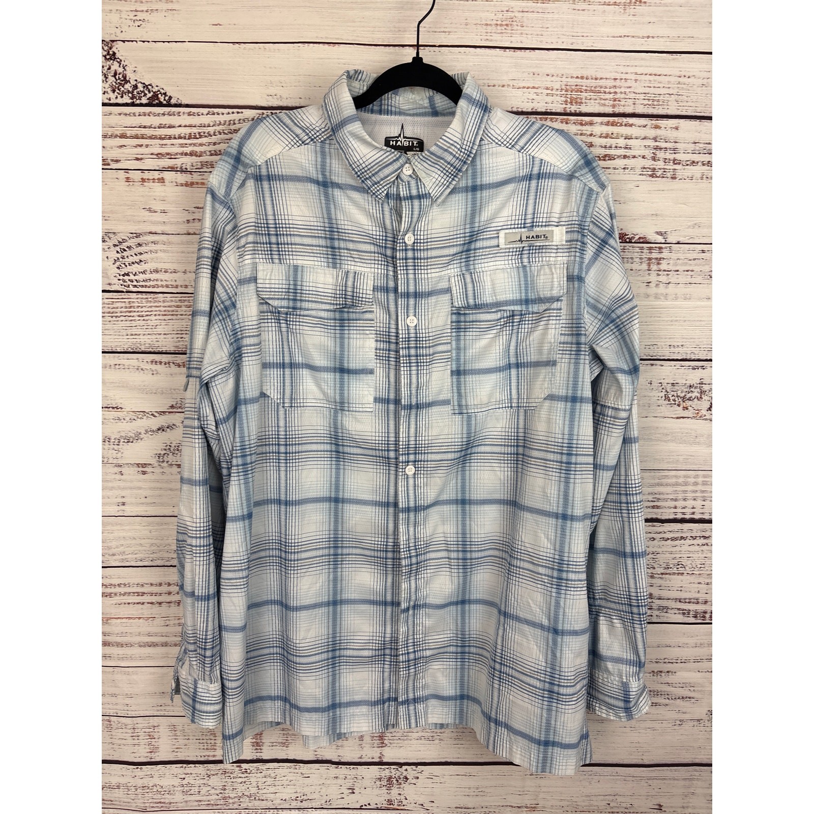 Mens Habit Solar Factor Fishing Button Up Shirt Blue White Plaid Vented Sz L gallery