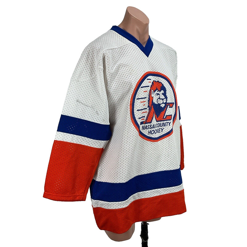 Vintage 90s Mesh Knit Nassau County Lions #16 OMAGE Hockey Jersey NWOT mens XL gallery