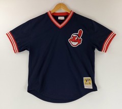 Mitchell & Ness Shirt Jersey V Neck Cleveland Indians Chief Wahoo Blue Mens L 44