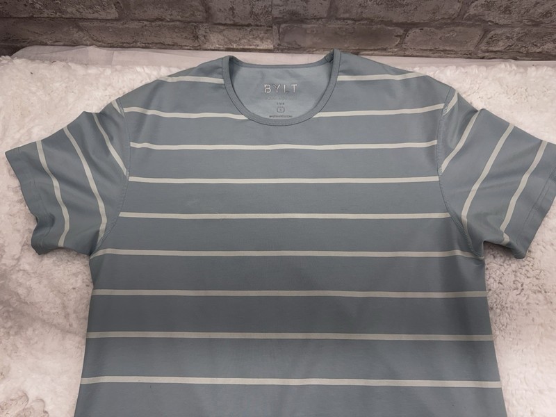 BYLT Drop Cut Short Sleeve Lux Shirt Blue Striped Curved Hem Casual Mens Large gallery