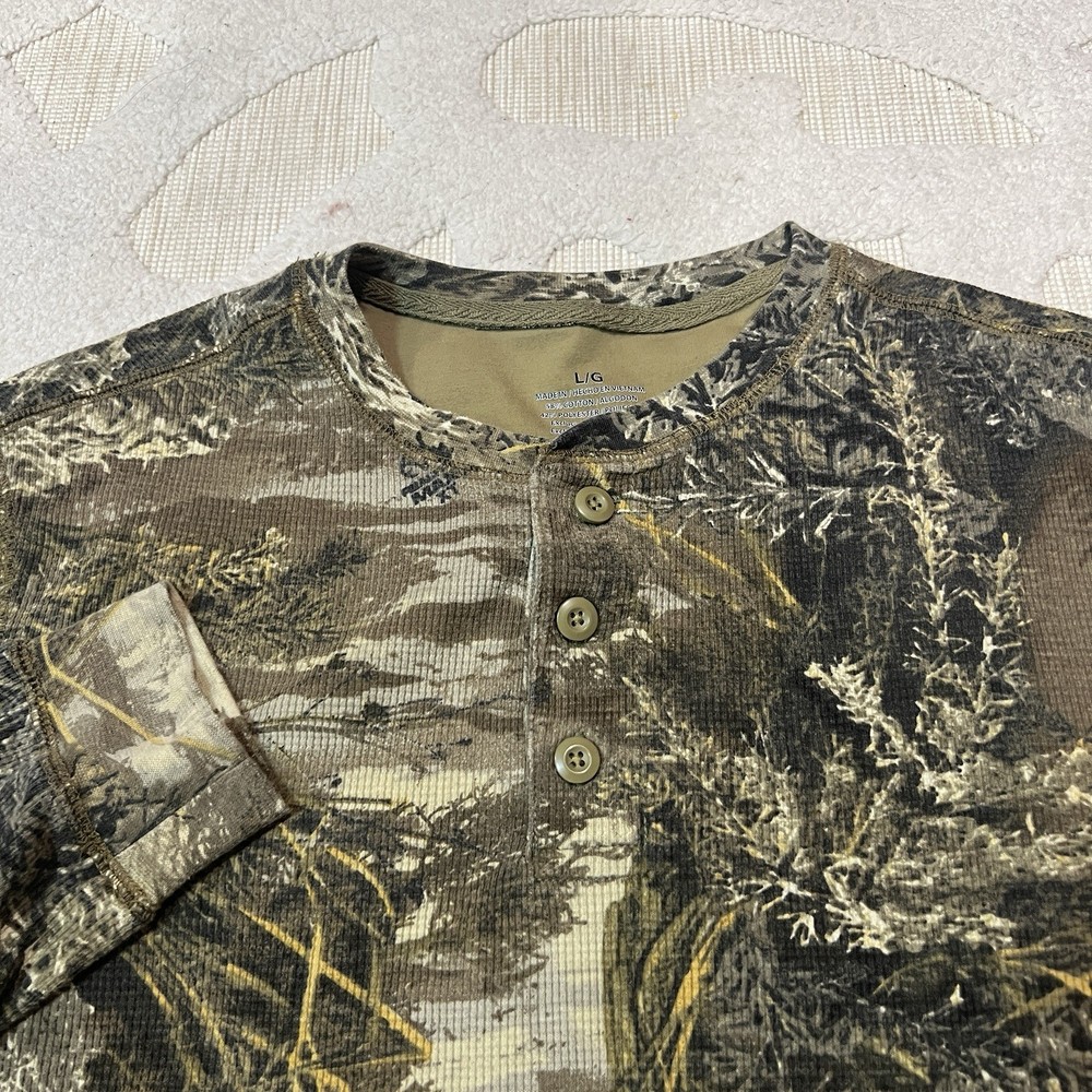 Vintage Realtree Camo Henley Shirt Mens L Green Waffle Thermal Hunting