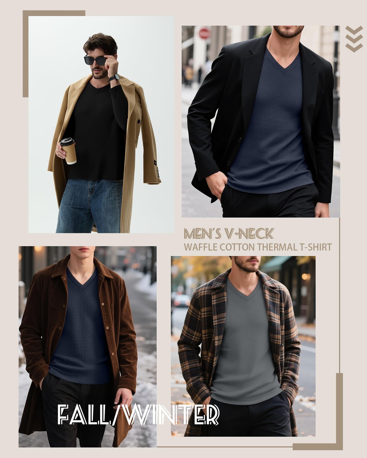 Ficerd 3 Pack Men's Waffle Thermal Long Sleeve Shirts V Neck Underwear Tops C... gallery