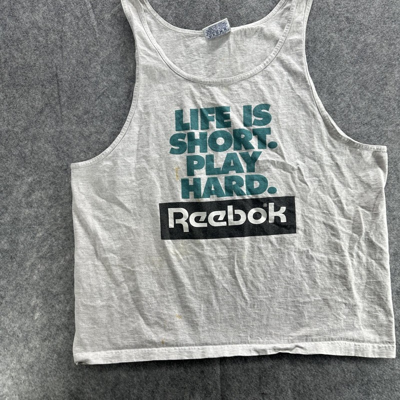 Vintage Reebok Shirt Mens XL Gray Life Is Short Play Hard Tank Top Made USA 90s gallery