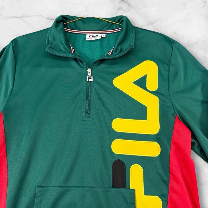 FILA Urban Outfitters 1/4 Zip Track Pullover Large Green Red Yellow Logo 90s EUC gallery