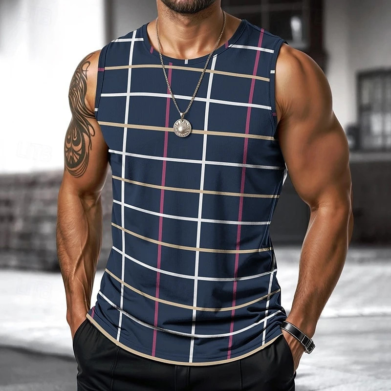 Retro Men's Vest Top 3D Print Plaid Striped Graphic Sleeveless Shirt Crew Neck L gallery
