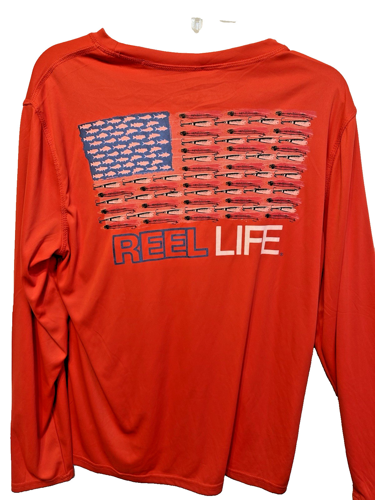 REEL LIFE Shirt Mens Small Red Fishing UPF 50+ Sun Ray Defender w/ American Flag gallery