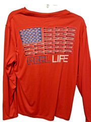 REEL LIFE Shirt Mens Small Red Fishing UPF 50+ Sun Ray Defender w/ American Flag