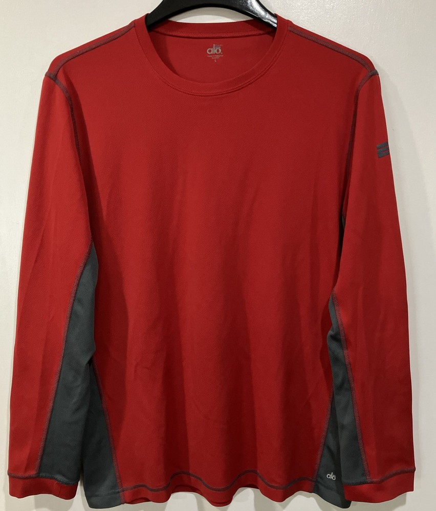 Men's Alo Coolfit Pullover Red Gray Long Sleeve Base Layer Size Large ESPN Logo