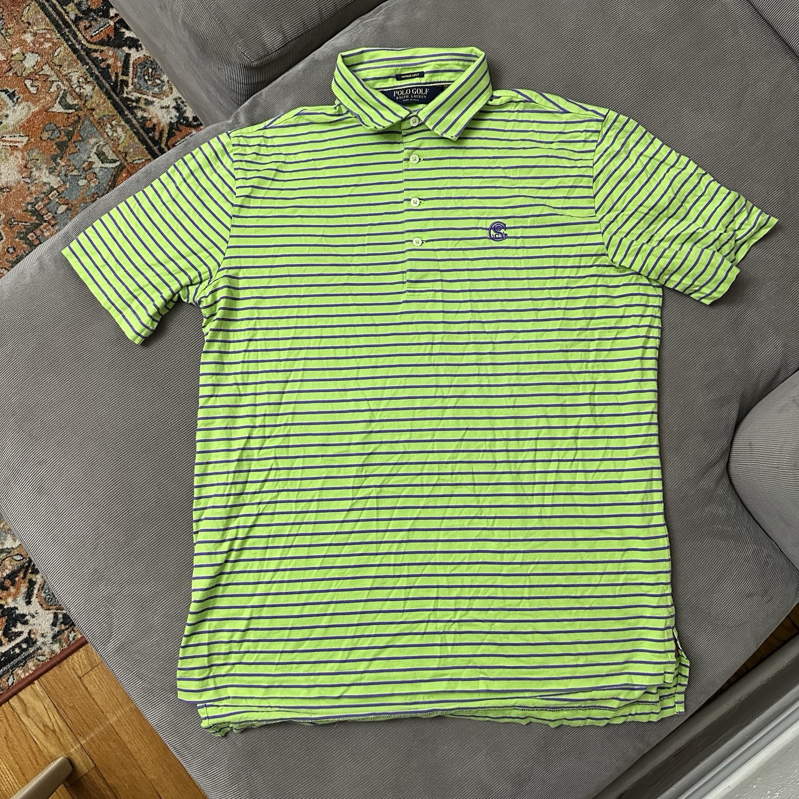 Polo Golf Ralph Lauren Green & Purple Stripe Vintage Lisle Polo Shirt Men's SZ L gallery