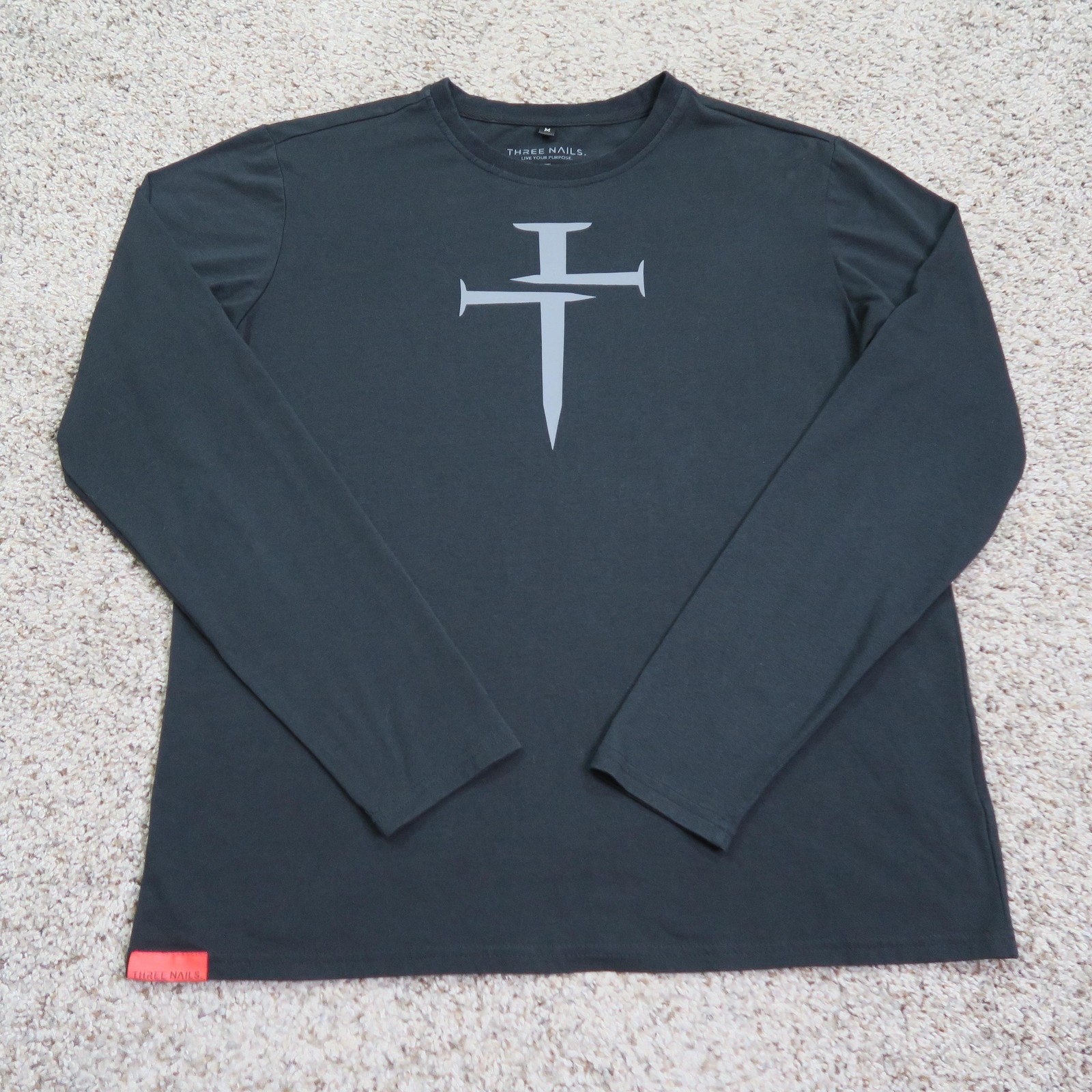 Three Nails Shirt Mens Medium Black Long Sleeve Christian Cross Logo Tee Stretch gallery