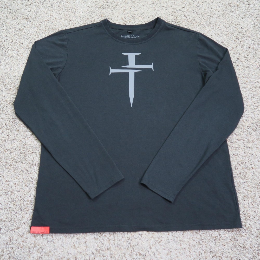 Three Nails Shirt Mens Medium Black Long Sleeve Christian Cross Logo Tee Stretch